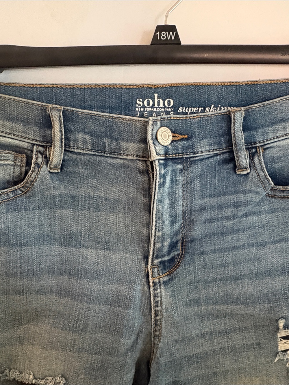 NY& Co. SoHo High-Rise Distressed Skinny Jeans - Light Blue - Picture 6 of 7